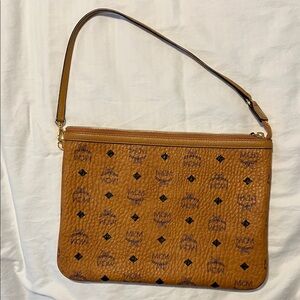 MCM Tan Monogram Wristlet Clutch